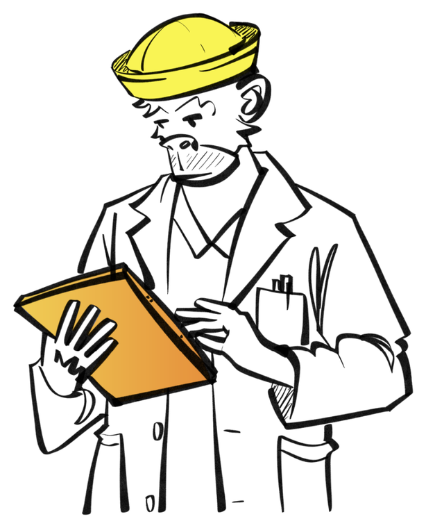 Illustration eines Affen im Laborkittel mit gelber Kappe und Tablet